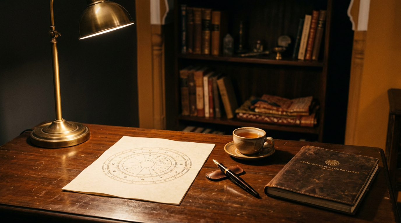 Warm lamplight on a private desk with a birth chart, pen, and tea — a calm consultation setting.