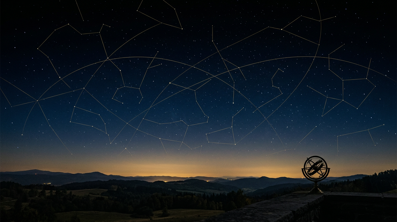 Night sky with subtle constellation lines and a soft golden horizon glow.