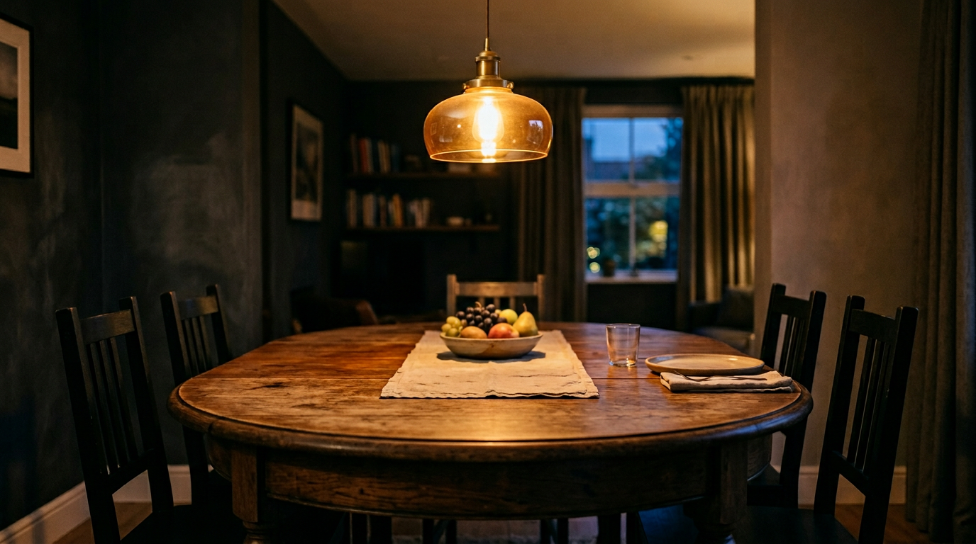 Warm light over a home dining table and chairs — a calm setting for family dynamics conversation.