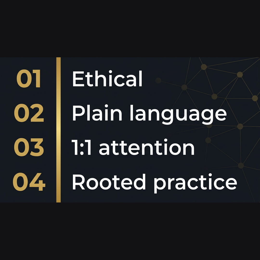 Graphic summarizing four session qualities: ethical framing, plain language, one-to-one attention, and rooted practice.