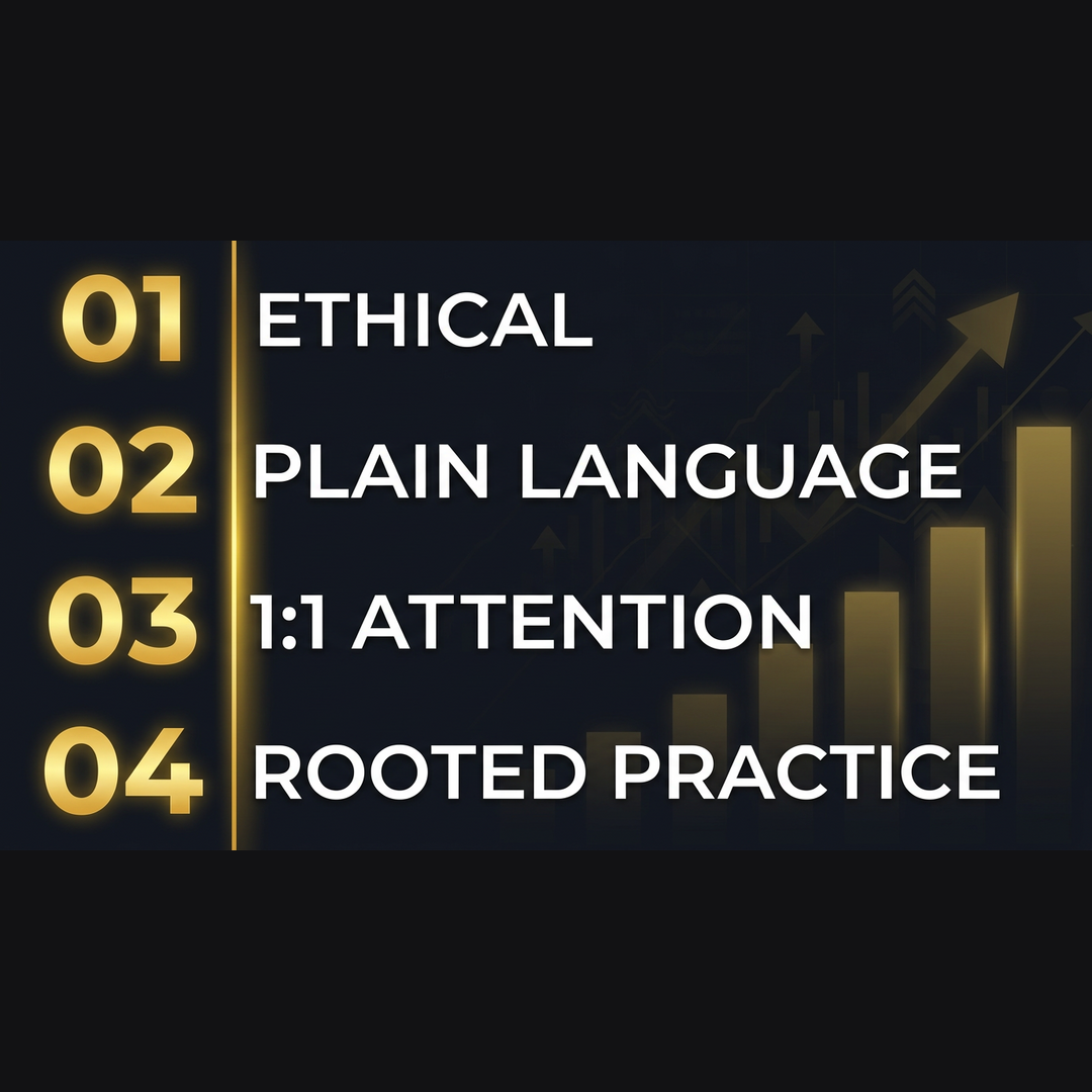 Graphic summarizing four session qualities: ethical framing, plain language, one-to-one attention, and rooted practice.