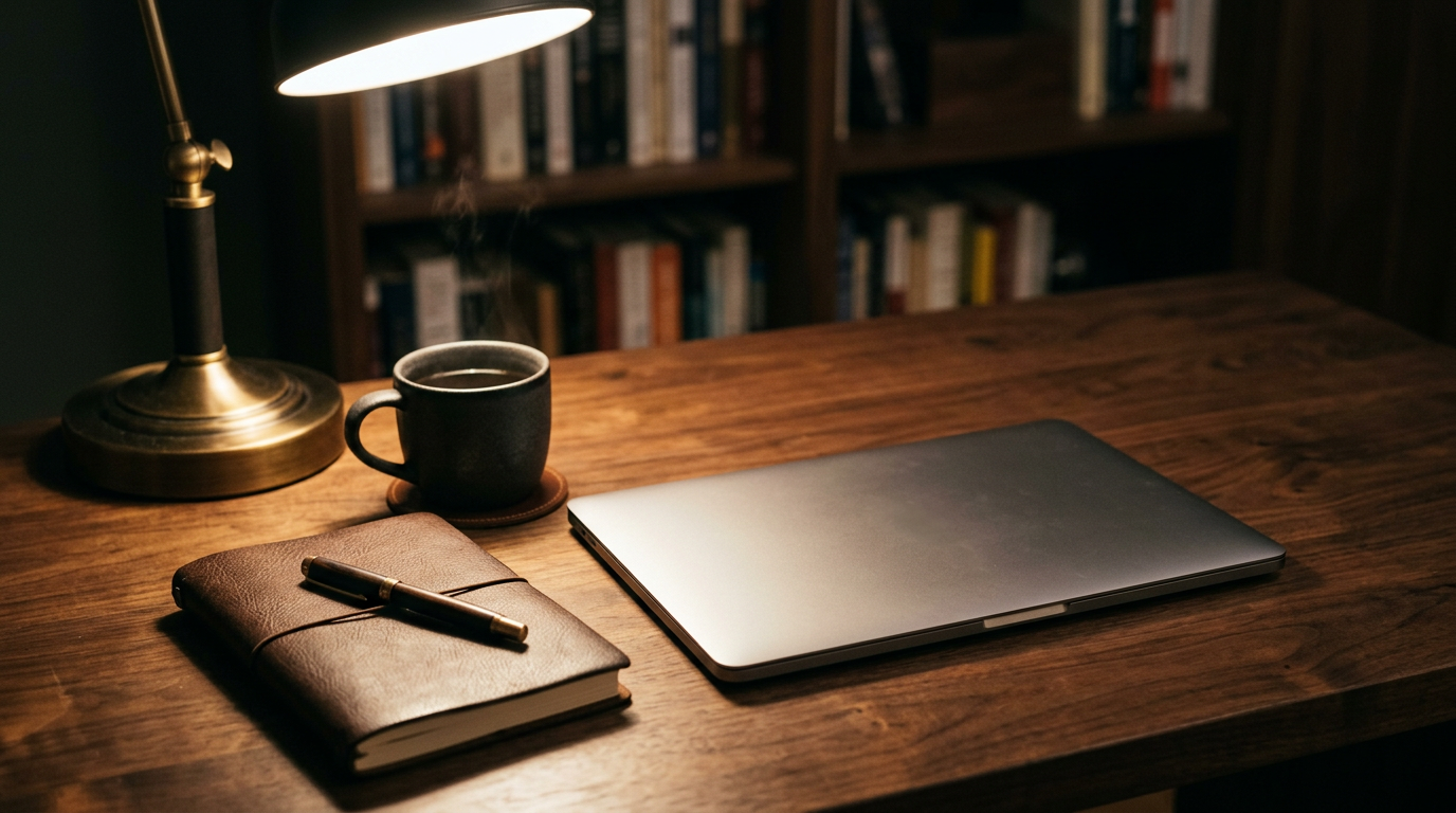 Warm lamplight on a desk with a laptop, notebook, pen, and coffee — calm career reflection.