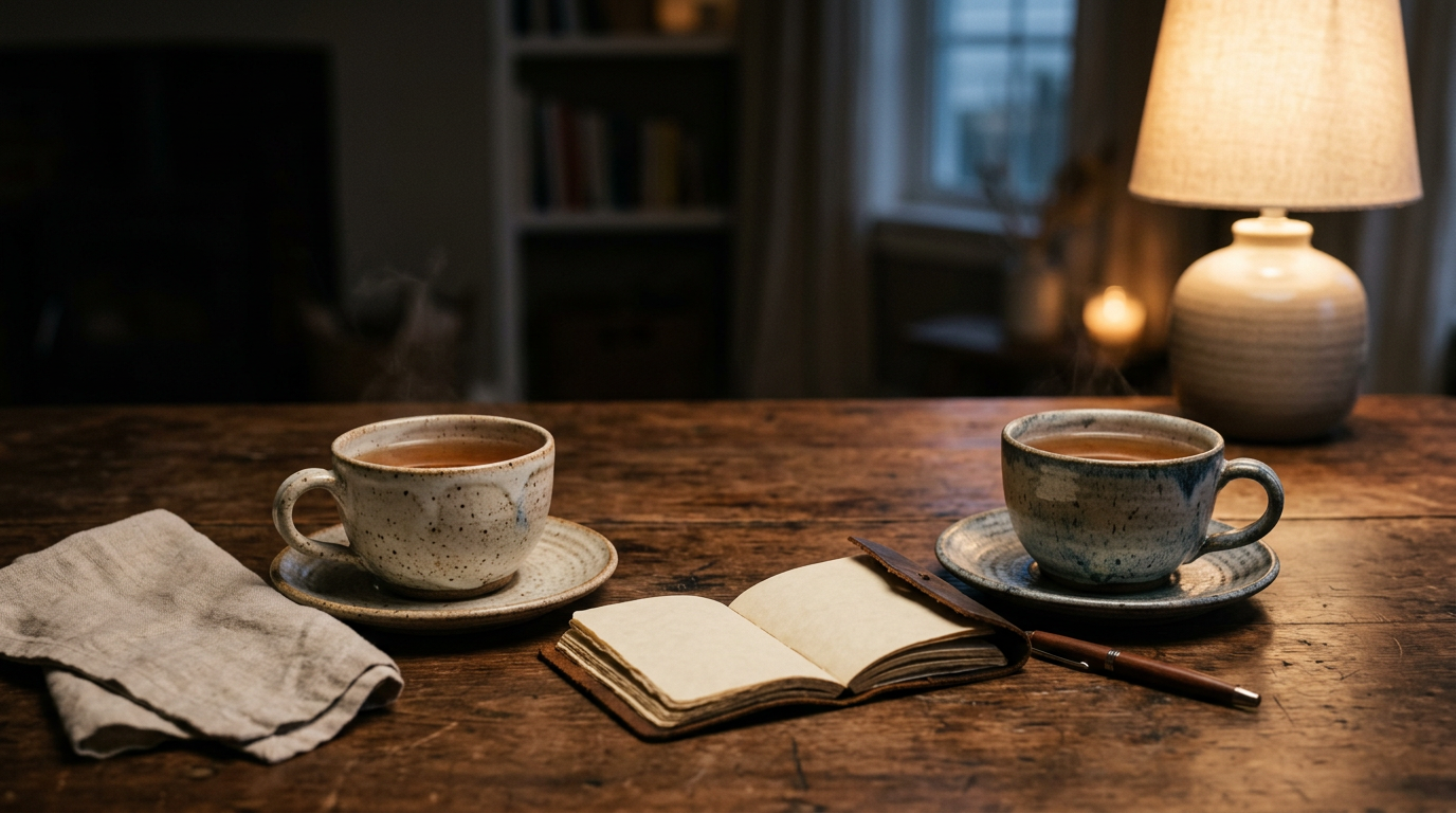 Two tea cups and a journal in warm lamplight — a calm setting for partnership conversation.