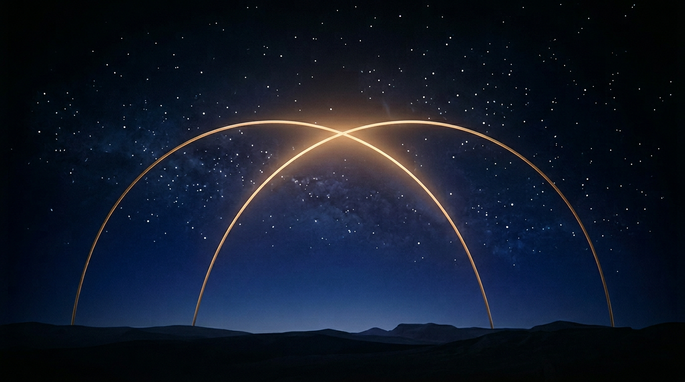 Abstract golden arcs meeting in balance on a deep field — partnership and timing.